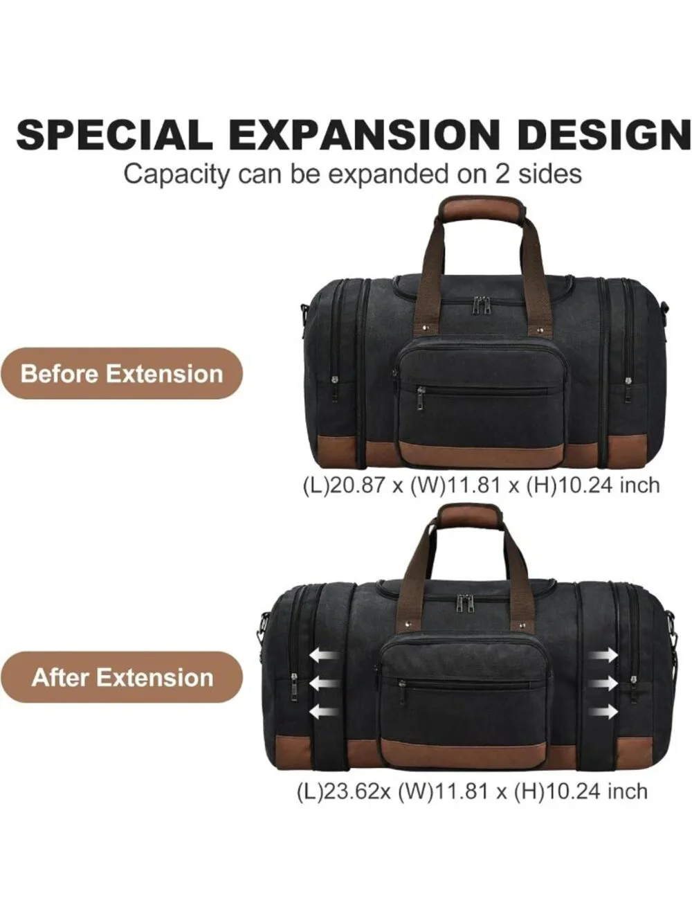 Large Capacity Canvas Duffle Bag | Expandable Travel Gym Overnight Bag with